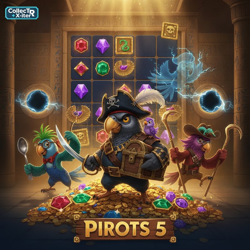 Pirots 5 slot con quattro pappagalli pirati collezionisti su griglia egizia 6x6, gemme colorate esagonali cubiche diamante sfera, Captain Blackfeather con cappello tricorno e tesoro, simboli scarabeo bonus e trappole dorate